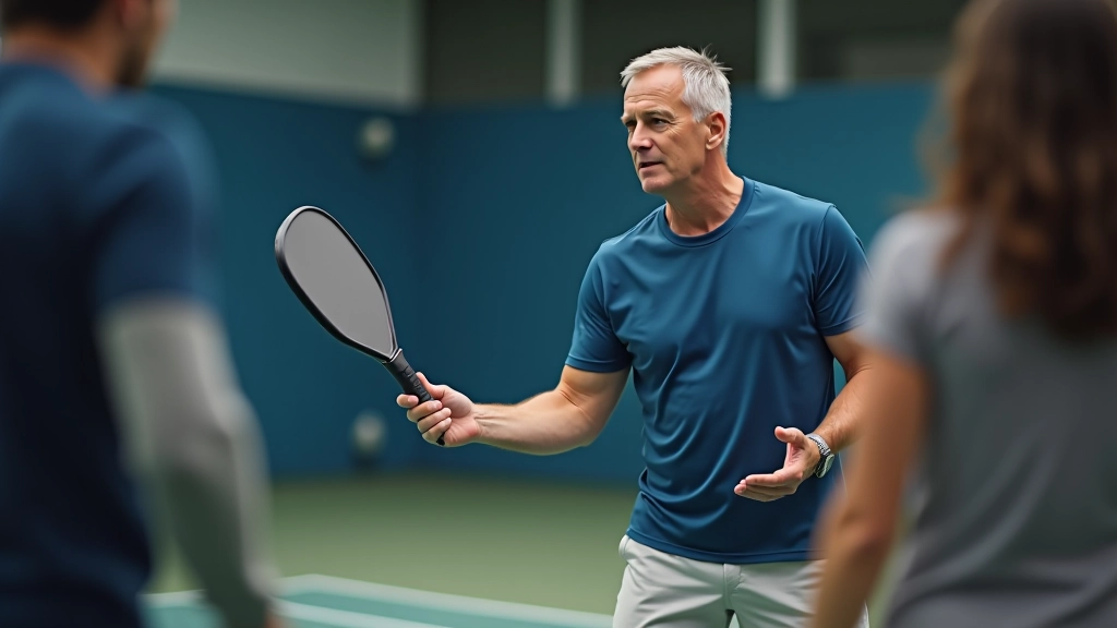 Pickleball instructor aged 45 demonstrating proper grip and stance on a pickleball court for beginners