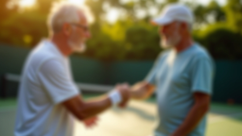 Two men aged 50-60 in tennis attire preparing for a doubles tournament match on an outdoor court