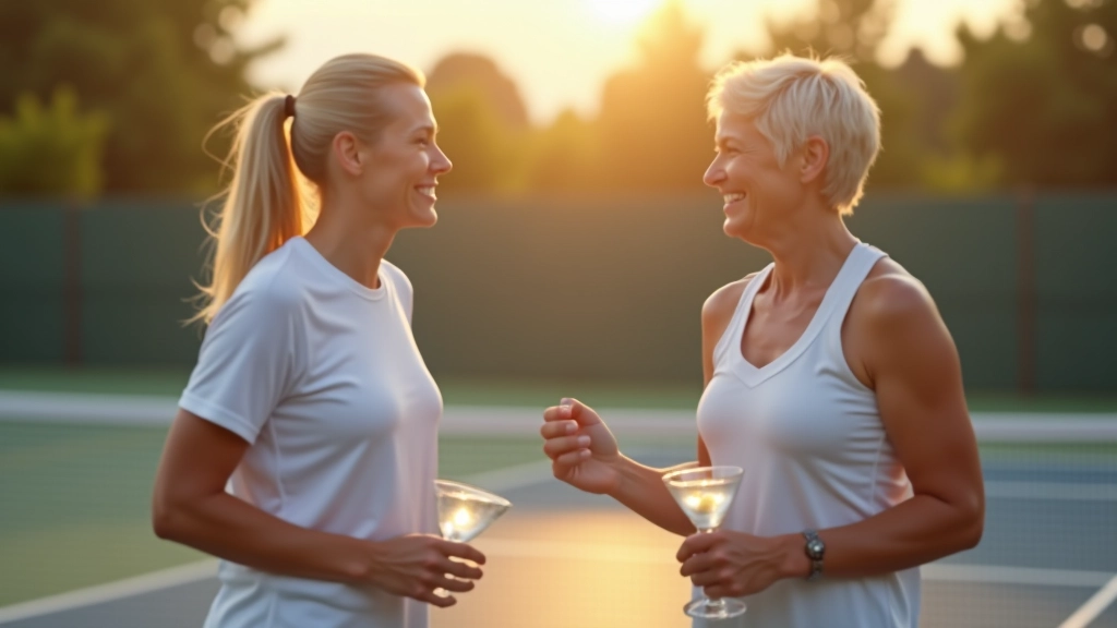 Group of tennis players aged 40-60 socializing on a club court during a weekly court social meetup